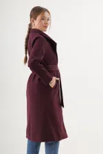 Beli Kuşaklı Astarlı Toptan Bordo Kaşe Kaban