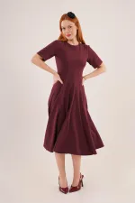 Dikiş Detaylı Kısa Kollu Toptan Bordo Uzun Elbise