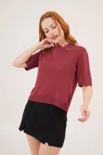 Yarım Kol Yuvarlak Yaka Likralı Toptan İnce Bordo Triko Bluz
