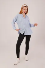 Cep Detay Mavi Oversize Çizgili Toptan Gömlek