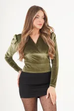 Kruvaze Yaka Vatkalı Kadife Haki Toptan Bluz