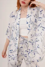 Mavi Çiçek Desenli Toptan Ekru İkili Takım