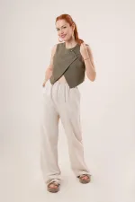 Çift Düğmeli Çapraz Model Haki Toptan Yelek