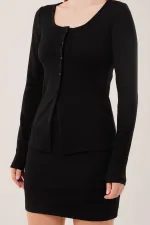 Çizgili Etek Düğmeli Bluz Toptan Siyah Takım