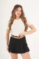 Kemerli Piliseli Siyah Mini Şort Etek