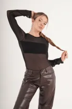 Body noir pour femme en gros avec tulle transparent contrastant