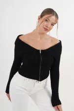 Madonna Yaka Full Fermuarlı Toptan Siyah Triko Bluz