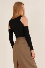 Omuz Detaylı Bisiklet Yaka Toptan Bluz Siyah