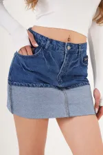 Ucu Katlama Detaylı Mavi Mini Denim Etek