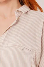 Cep Detay Krem Oversize Çizgili Toptan Gömlek