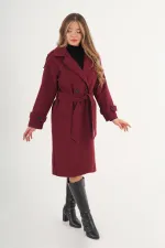Manteau en cachemire bordeaux en gros avec épaulettes et ceinture