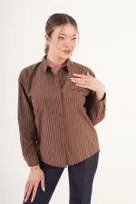 Kontrast Çizgili Kol Manşetli Kahve Toptan Gömlek
