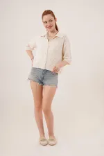 Cardigan boutonné à manches mi-longues et épaules dénudées, couleur crème, en gros