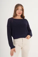 Wholesale Navy Blue Knitted Blouse with Wide Collar