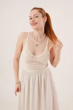 Ajurlu Askılı Belden Oturtmalı Toptan Maxi Krem Elbise