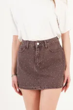 Taş İşlemeli Işıltılı Kahve Toptan Mini Denim Etek