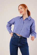 Crop Model Cepli Ve Çizgili Mavi Toptan Gömlek