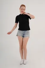 Knitted Model Short Sleeve Wholesale Black Knitwear Blouse