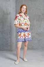 Desenli Şortlu Keten Toptan Bej İkili Takım