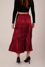 Midi Boy Pileli Saten Toptan Bordo Etek