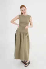 Khaki Wholesale Dress with Pleated Waist
