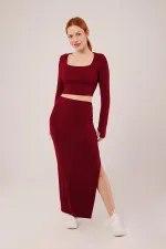 Kare Yaka Bluz Ve Yırtmaç Detaylı Etek Toptan İkili Bordo Takım