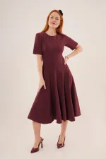 Dikiş Detaylı Kısa Kollu Toptan Bordo Uzun Elbise