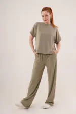 Modal Kısa Kollu Üst Ve Geniş Paça Eşofman İkili Toptan Yağ Yeşili Takım