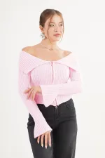 Madonna Yaka Full Fermuarlı Toptan Pembe Triko Bluz