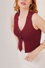 Sıfır Kol Düğme Detaylı Fitilli Bordo Toptan Bluz