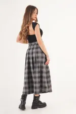 Kemer Detaylı Yan Yırtmaçlı Gri Ekose Toptan Uzun Etek