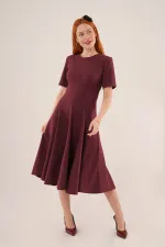 Dikiş Detaylı Kısa Kollu Toptan Bordo Uzun Elbise