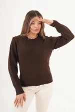 Bisiklet Yaka Düz Model Toptan Kahverengi Kazak