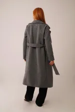 Beli Kuşaklı Astarlı Toptan Antrasit Kaşe Kaban