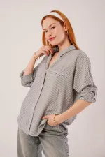 Cep Detay Gri Oversize Çizgili Toptan Gömlek