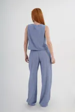 Ön Bağlama Detaylı Yelek Ve Pantolon İndigo Toptan İkili Takım