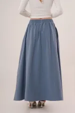 Bel Lastikli Cep Detaylı Uzun Mavi Toptan Etek