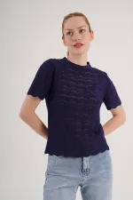 Örgü Model Kısa Kol Toptan Lacivert Triko Bluz
