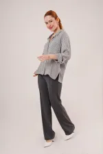 Yarasa Kol Çizgili Cep Detaylı Toptan Gri Gömlek