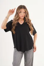 T-shirt noir basique à col en V sans couture, vente en gros