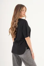 T-shirt noir basique à col en V sans couture, vente en gros