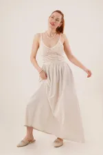 Ajurlu Askılı Belden Oturtmalı Toptan Maxi Krem Elbise