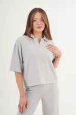 Gömlek Yaka Kısa Kol Gri Toptan Bluz