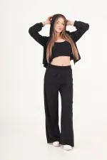 Modal Hırka Pantolon Crop Siyah Toptan Üçlü Takım
