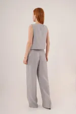 Ön Bağlama Detaylı Yelek Ve Pantolon Gri Toptan İkili Takım