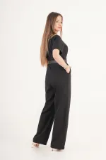 Elegance Kemerli Palazzo Toptan  Siyah Tulum