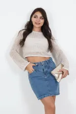 Sim İp Geçişli Toptan Triko Bej Crop