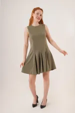 Sıfır Kol Pileli Toptan Haki Mini Elbise