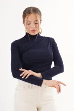 Omuz Ve Bel Büzgülü Dik Yaka Toptan Lacivert Bluz