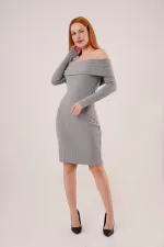 Madonna Collar Corduroy Wholesale Gray Knit Dress